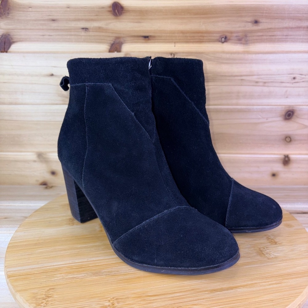 TOMS Boots Womens 8 Lunata Black Suede Side Zip Heeled Ankle Booties